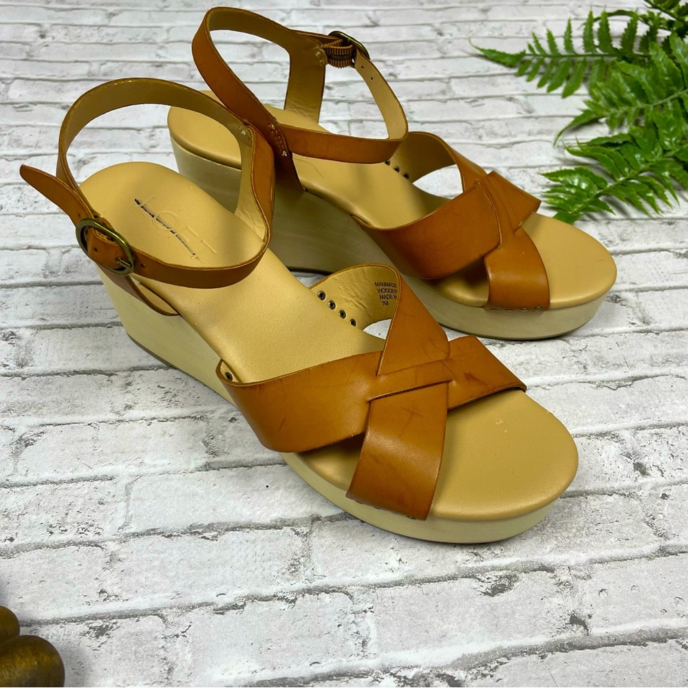 Loft Women’s Cognac Camel Brown Wooden Wedge Sandals Size 7 Bohemian Neutral 90s - Picture 4 of 13
